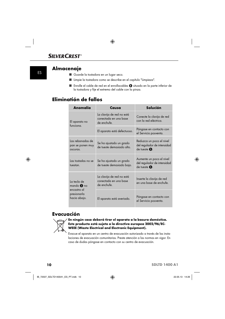 Almacenaje, Eliminatión de fallos, Evacuación | Silvercrest SDLTD 1400 A1 User Manual | Page 13 / 52