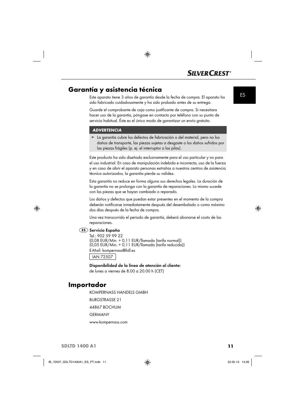Garantía y asistencia técnica, Importador | Silvercrest SDLTD 1400 A1 User Manual | Page 14 / 52