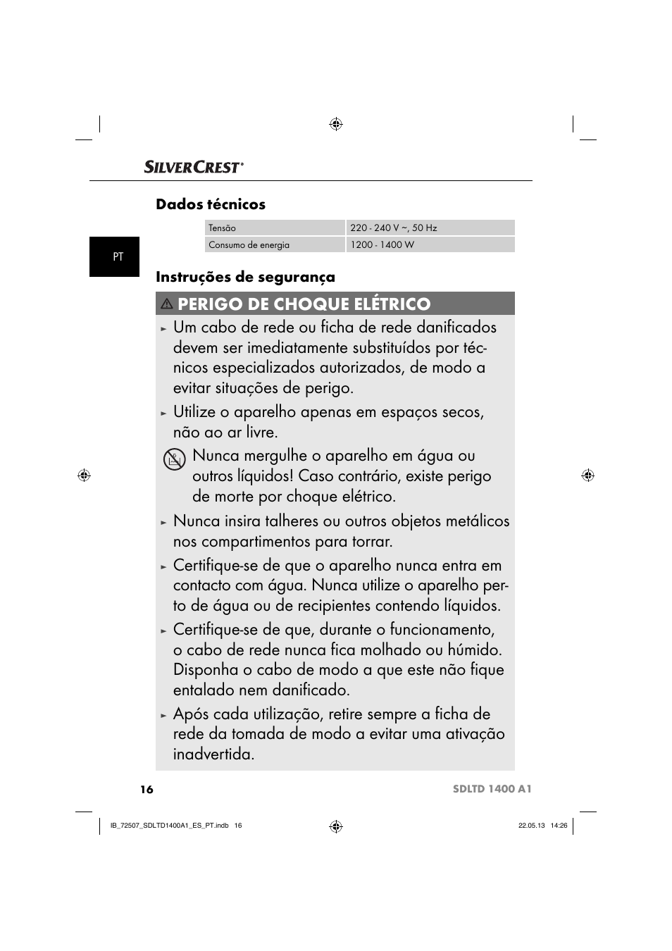 Perigo de choque elétrico, Dados técnicos, Instruções de segurança | Silvercrest SDLTD 1400 A1 User Manual | Page 19 / 52