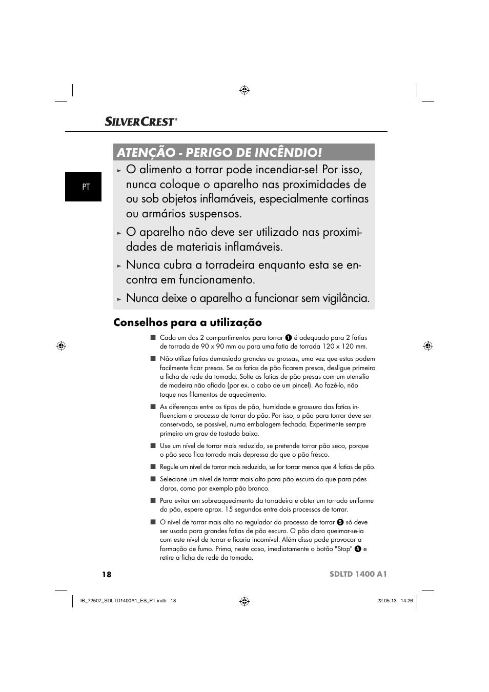 Atenção - perigo de incêndio, Nunca deixe o aparelho a funcionar sem vigilância, Conselhos para a utilização | Silvercrest SDLTD 1400 A1 User Manual | Page 21 / 52