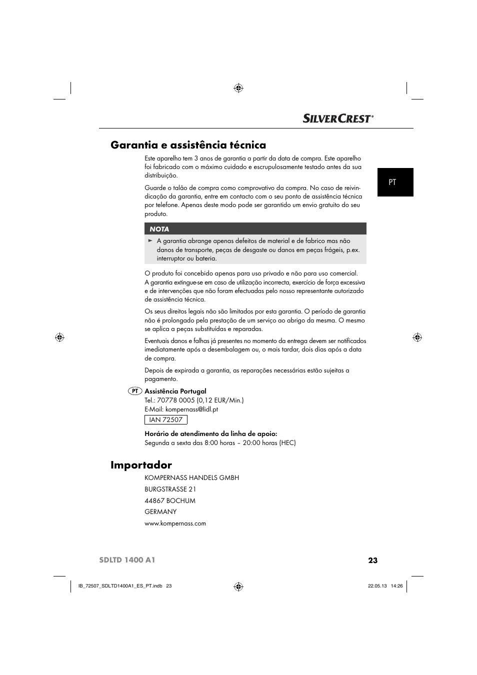 Garantia e assistência técnica, Importador | Silvercrest SDLTD 1400 A1 User Manual | Page 26 / 52