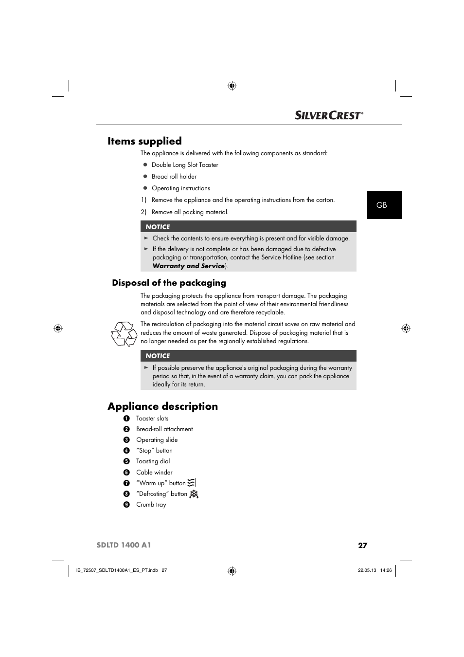 Items supplied, Appliance description, Disposal of the packaging | Silvercrest SDLTD 1400 A1 User Manual | Page 30 / 52