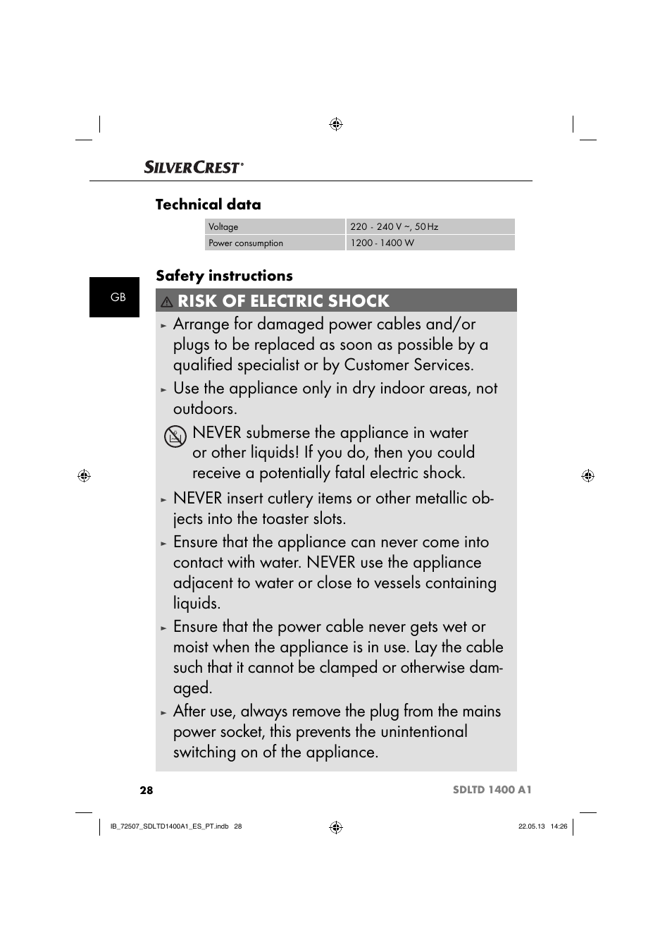 Risk of electric shock, Technical data, Safety instructions | Silvercrest SDLTD 1400 A1 User Manual | Page 31 / 52