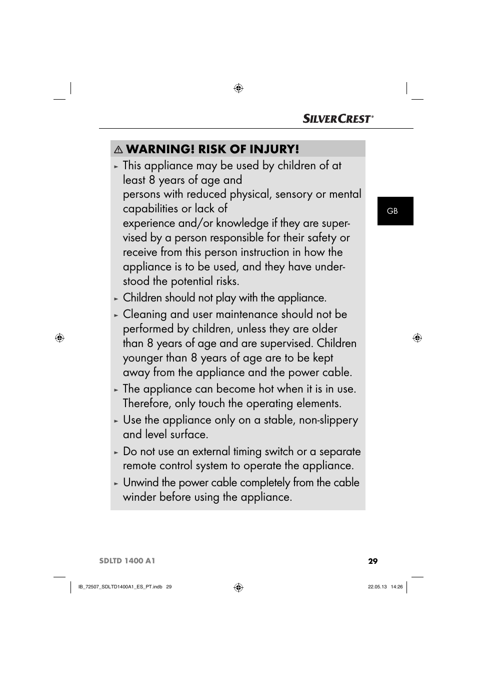 Warning! risk of injury, Children should not play with the appliance | Silvercrest SDLTD 1400 A1 User Manual | Page 32 / 52