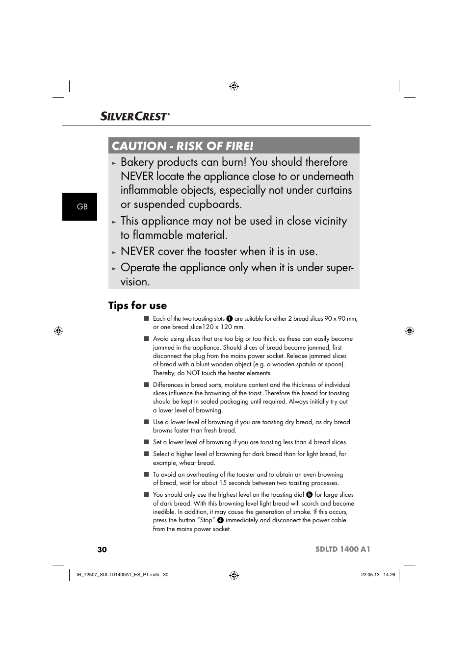 Caution - risk of fire, Never cover the toaster when it is in use, Tips for use | Silvercrest SDLTD 1400 A1 User Manual | Page 33 / 52