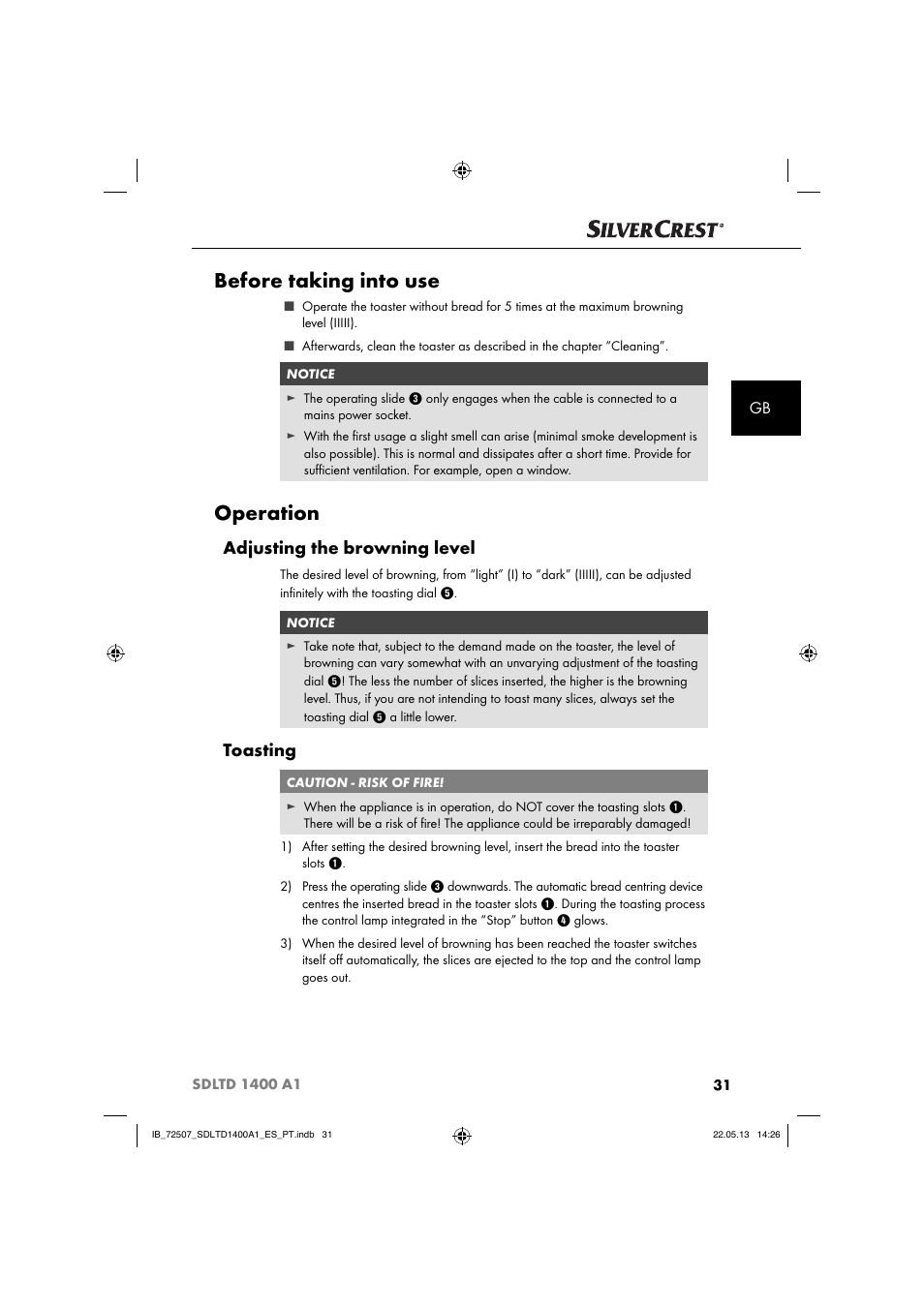 Before taking into use, Operation, Adjusting the browning level | Toasting | Silvercrest SDLTD 1400 A1 User Manual | Page 34 / 52