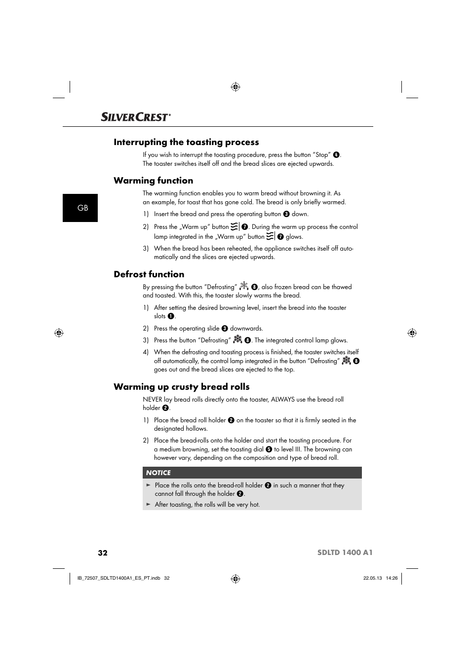 Interrupting the toasting process, Warming function, Defrost function | Warming up crusty bread rolls | Silvercrest SDLTD 1400 A1 User Manual | Page 35 / 52