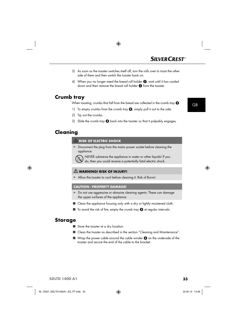 Crumb tray, Cleaning, Storage | Silvercrest SDLTD 1400 A1 User Manual | Page 36 / 52