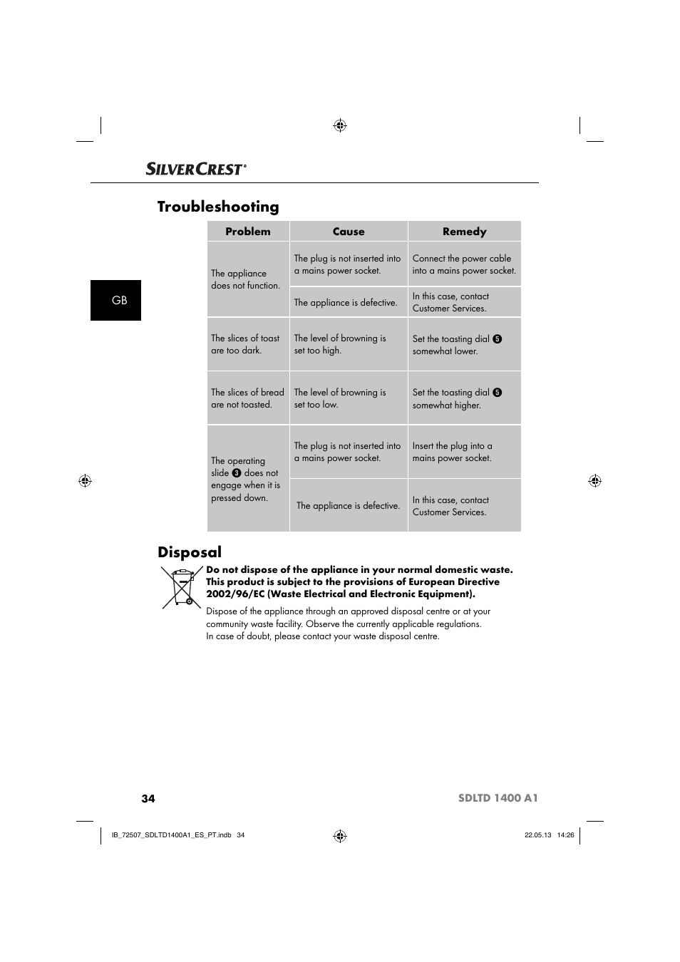 Troubleshooting, Disposal | Silvercrest SDLTD 1400 A1 User Manual | Page 37 / 52