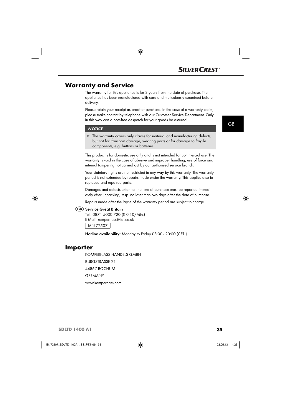 Warranty and service, Importer | Silvercrest SDLTD 1400 A1 User Manual | Page 38 / 52
