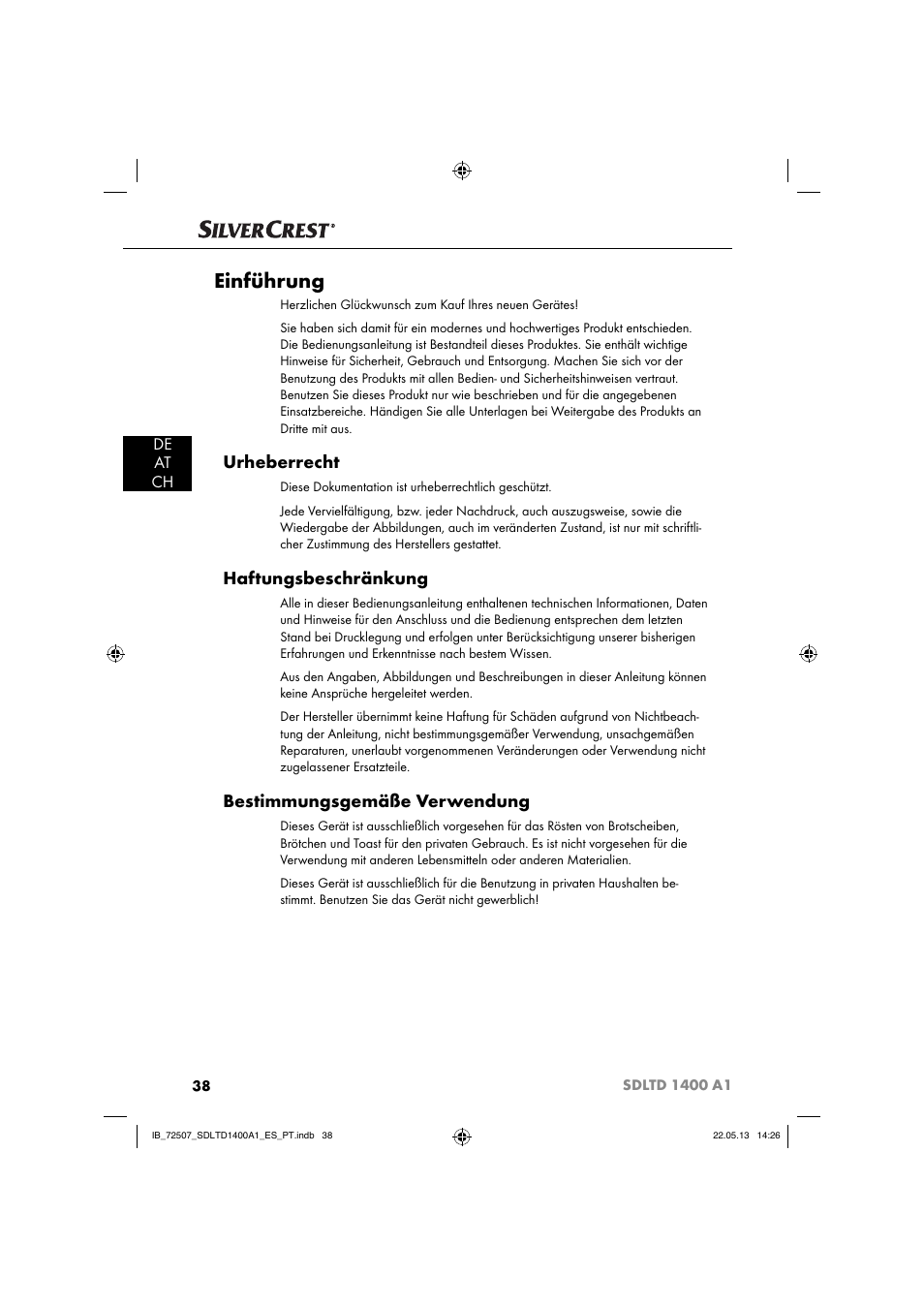 Einführung, Urheberrecht, Haftungsbeschränkung | Bestimmungsgemäße verwendung, De at ch | Silvercrest SDLTD 1400 A1 User Manual | Page 41 / 52