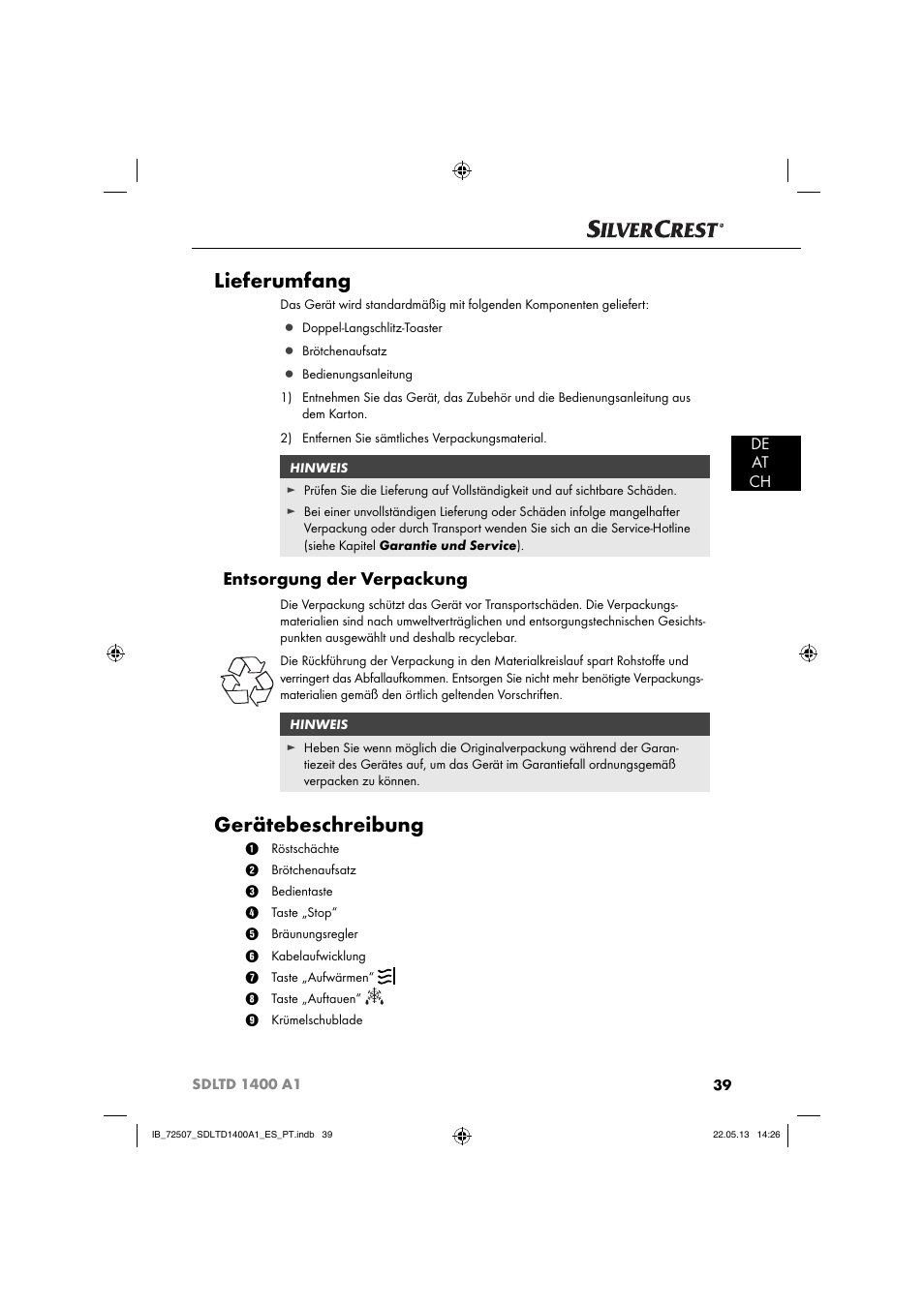 Lieferumfang, Gerätebeschreibung, Entsorgung der verpackung | De at ch | Silvercrest SDLTD 1400 A1 User Manual | Page 42 / 52