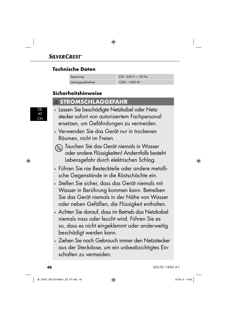 Stromschlaggefahr, Technische daten, Sicherheitshinweise | Silvercrest SDLTD 1400 A1 User Manual | Page 43 / 52