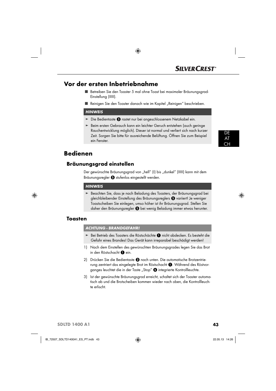 Vor der ersten inbetriebnahme, Bedienen, Bräunungsgrad einstellen | Toasten, De at ch | Silvercrest SDLTD 1400 A1 User Manual | Page 46 / 52