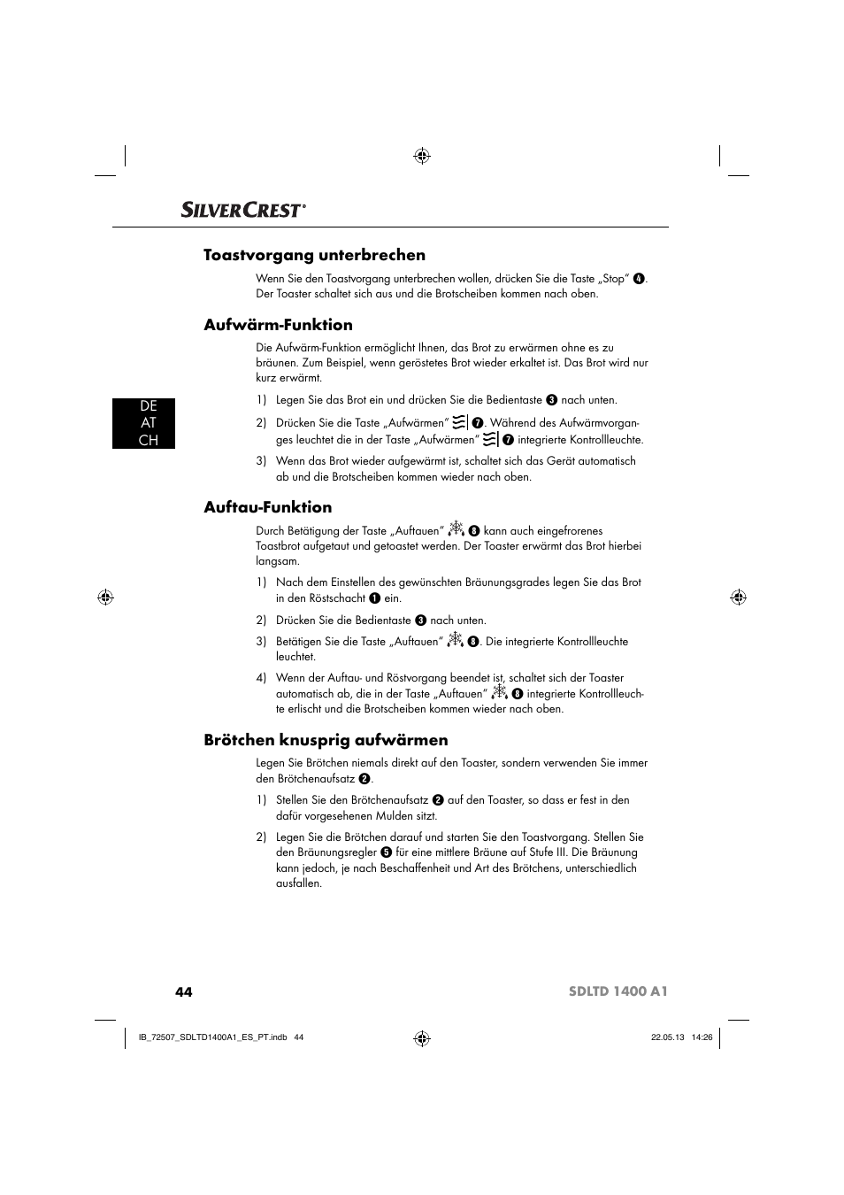 Toastvorgang unterbrechen, Aufwärm-funktion, Auftau-funktion | Brötchen knusprig aufwärmen, De at ch | Silvercrest SDLTD 1400 A1 User Manual | Page 47 / 52