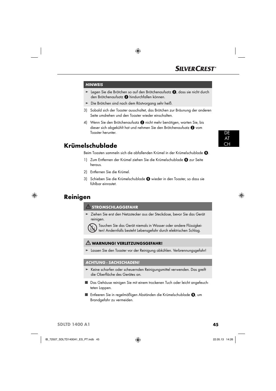 Krümelschublade, Reinigen, De at ch | Silvercrest SDLTD 1400 A1 User Manual | Page 48 / 52