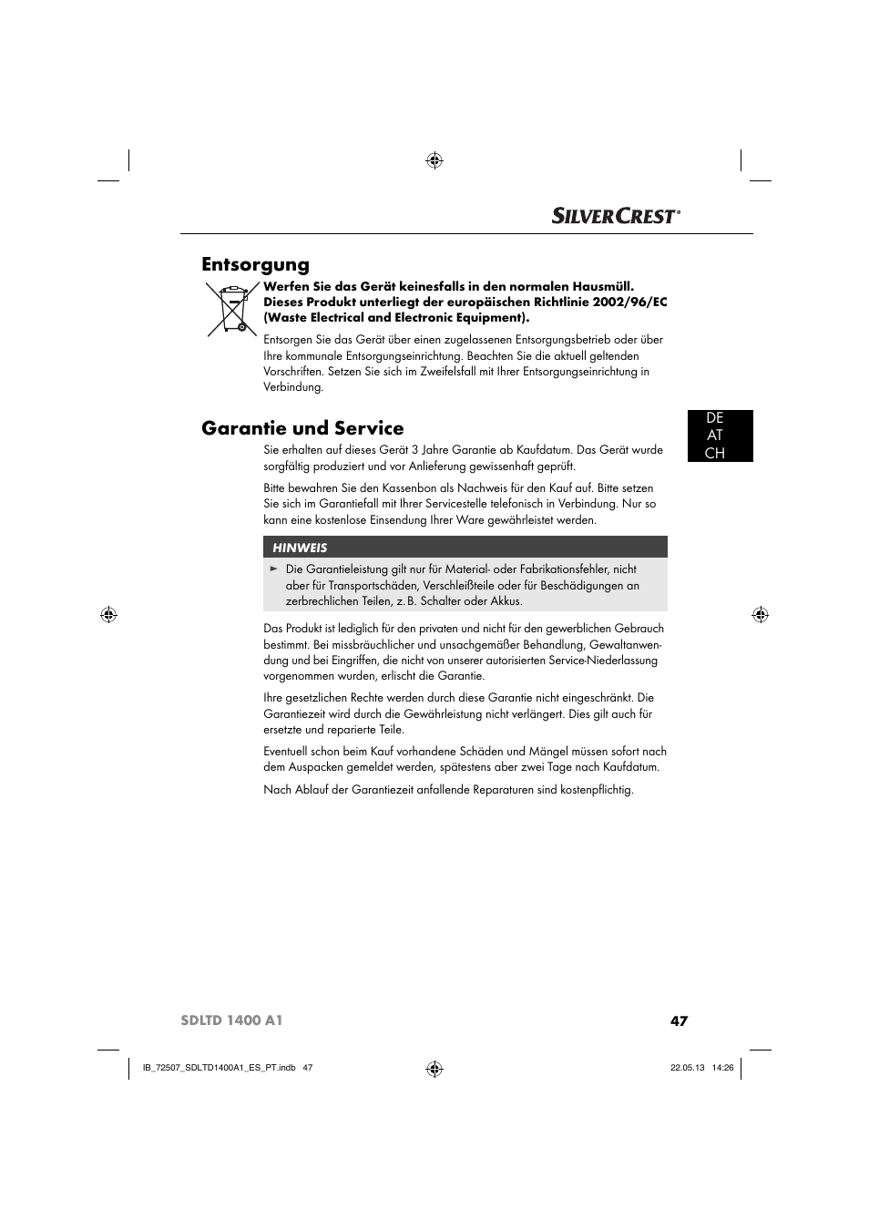 Entsorgung, Garantie und service, De at ch | Silvercrest SDLTD 1400 A1 User Manual | Page 50 / 52