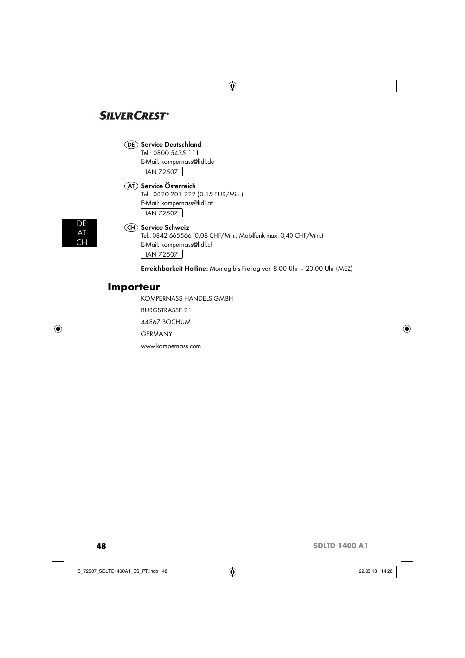 Importeur, De at ch | Silvercrest SDLTD 1400 A1 User Manual | Page 51 / 52