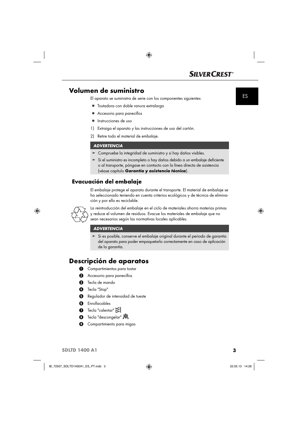 Volumen de suministro, Descripción de aparatos, Evacuación del embalaje | Silvercrest SDLTD 1400 A1 User Manual | Page 6 / 52