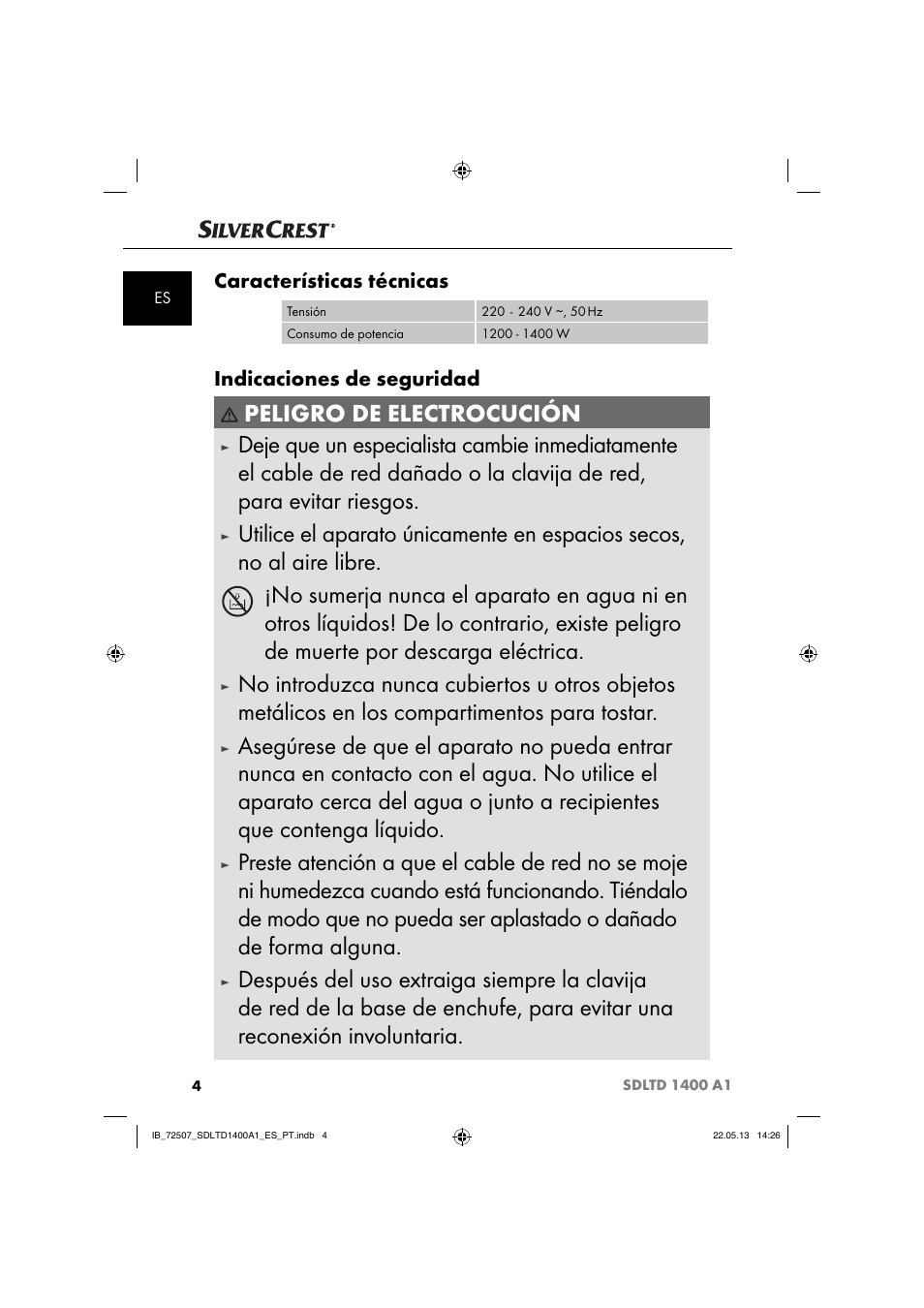 Peligro de electrocución, Características técnicas, Indicaciones de seguridad | Silvercrest SDLTD 1400 A1 User Manual | Page 7 / 52