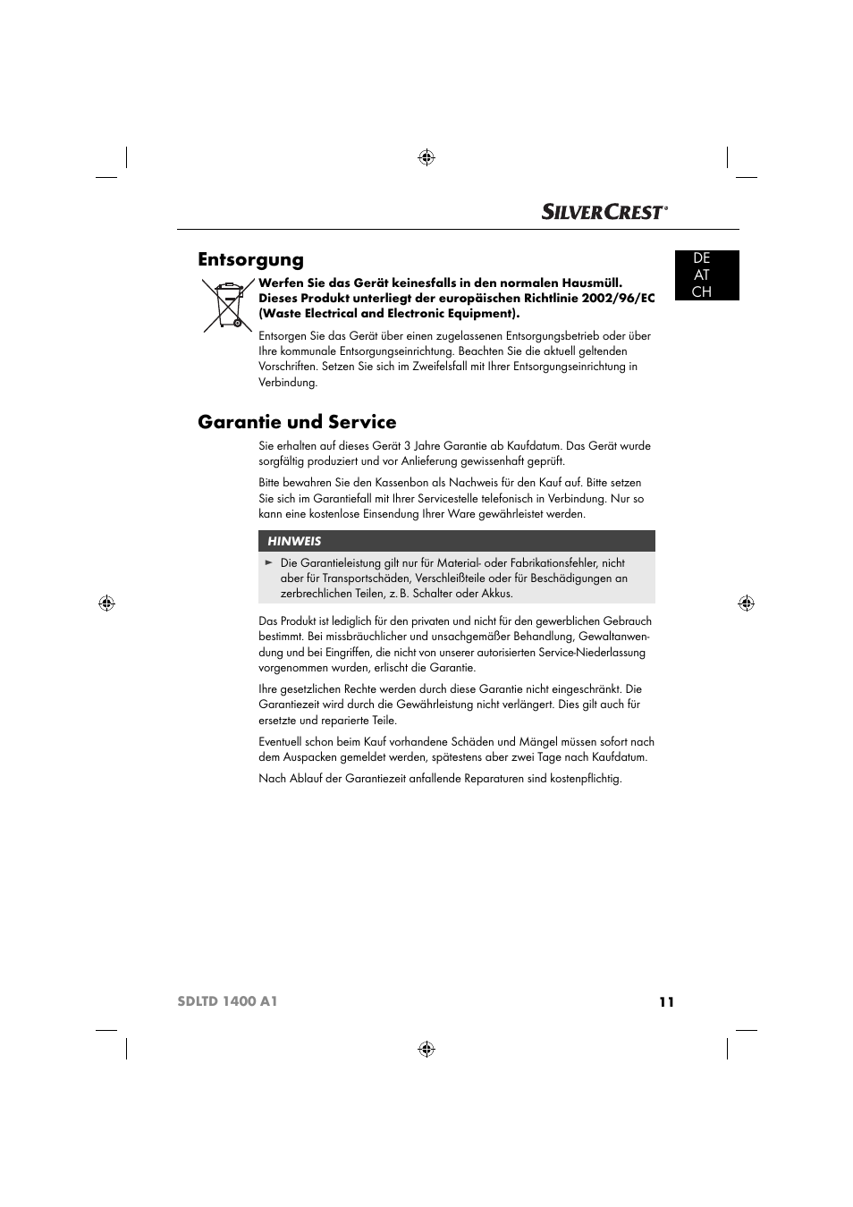 Entsorgung, Garantie und service, De at ch | Silvercrest SDLTD 1400 A1 User Manual | Page 14 / 51