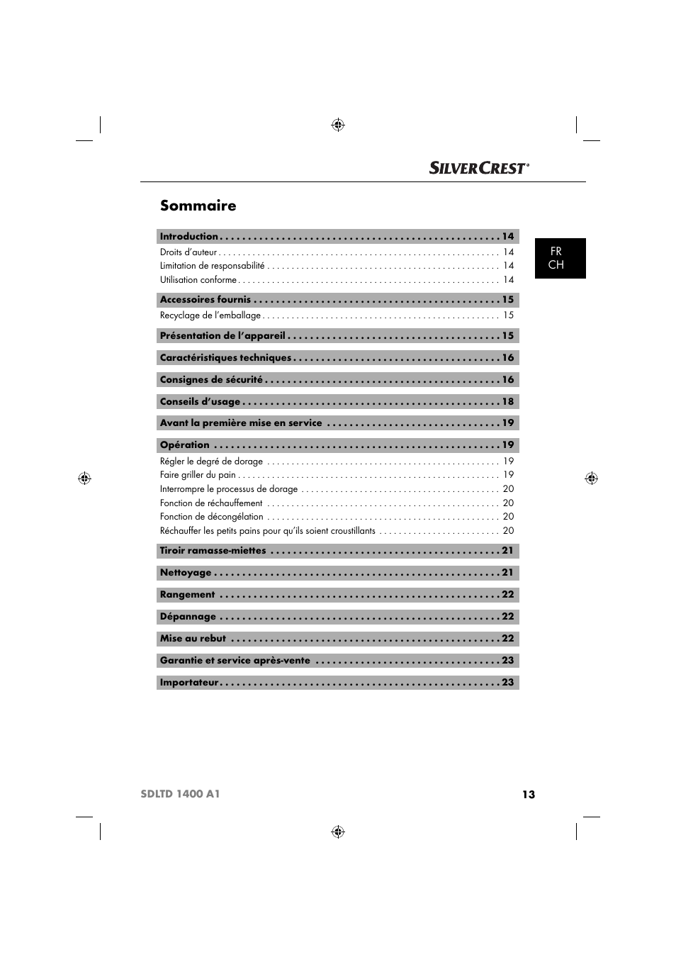 Sommaire, Fr ch | Silvercrest SDLTD 1400 A1 User Manual | Page 16 / 51