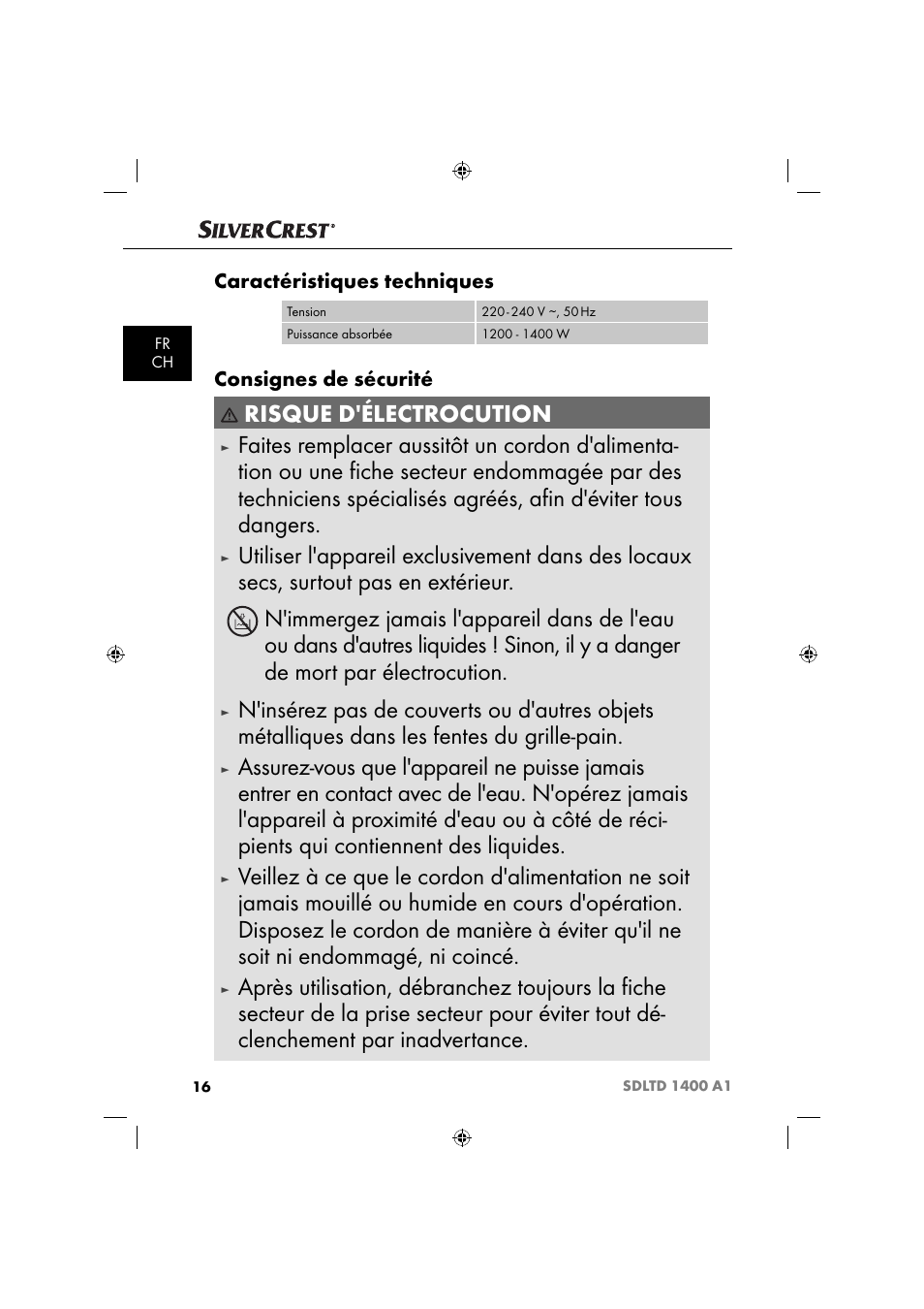 Risque d'électrocution, Caractéristiques techniques, Consignes de sécurité | Silvercrest SDLTD 1400 A1 User Manual | Page 19 / 51