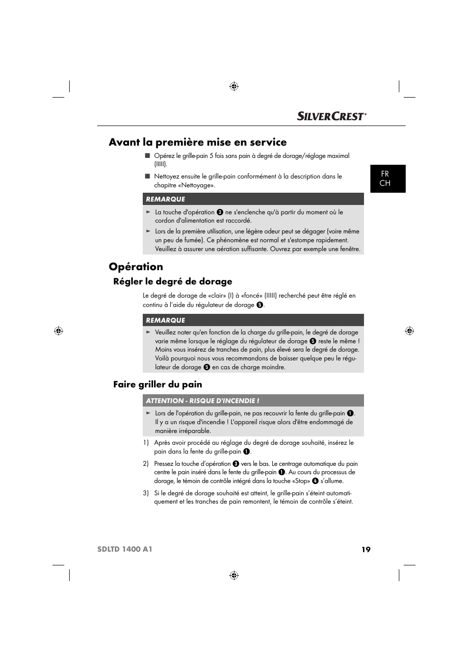 Avant la première mise en service, Opération, Régler le degré de dorage | Faire griller du pain, Fr ch | Silvercrest SDLTD 1400 A1 User Manual | Page 22 / 51