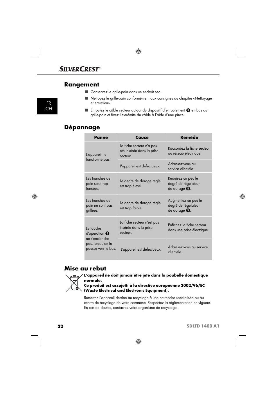 Rangement, Dépannage, Mise au rebut | Fr ch | Silvercrest SDLTD 1400 A1 User Manual | Page 25 / 51