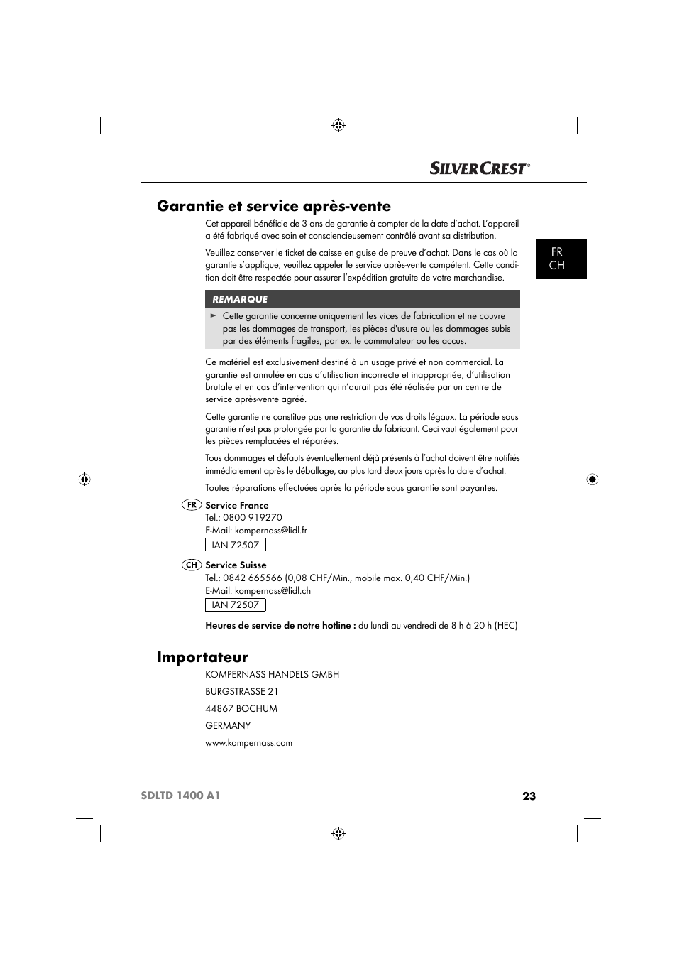 Garantie et service après-vente, Importateur, Fr ch | Silvercrest SDLTD 1400 A1 User Manual | Page 26 / 51