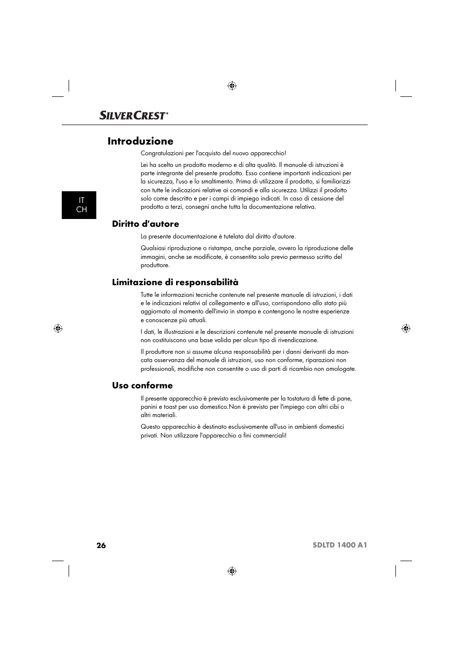 Introduzione, Diritto d'autore, Limitazione di responsabilità | Uso conforme, It ch | Silvercrest SDLTD 1400 A1 User Manual | Page 29 / 51