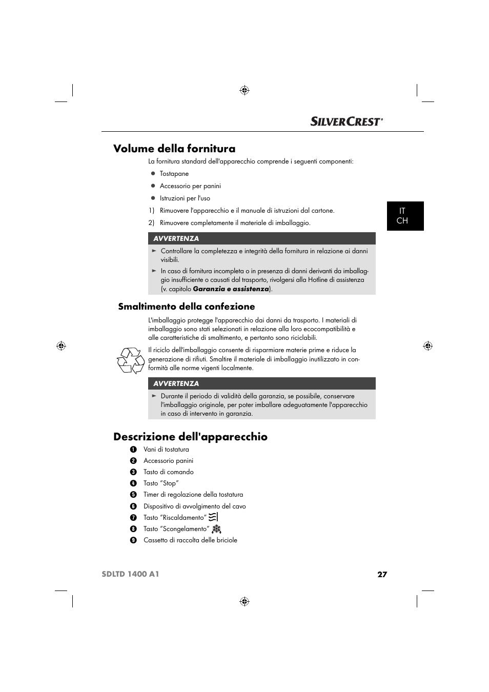 Volume della fornitura, Descrizione dell'apparecchio, Smaltimento della confezione | It ch | Silvercrest SDLTD 1400 A1 User Manual | Page 30 / 51