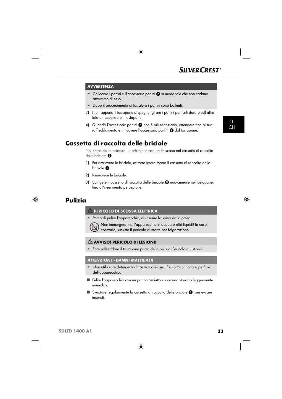 Cassetto di raccolta delle briciole, Pulizia, It ch | Silvercrest SDLTD 1400 A1 User Manual | Page 36 / 51