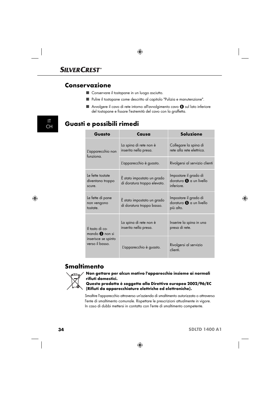 Conservazione, Guasti e possibili rimedi, Smaltimento | It ch | Silvercrest SDLTD 1400 A1 User Manual | Page 37 / 51