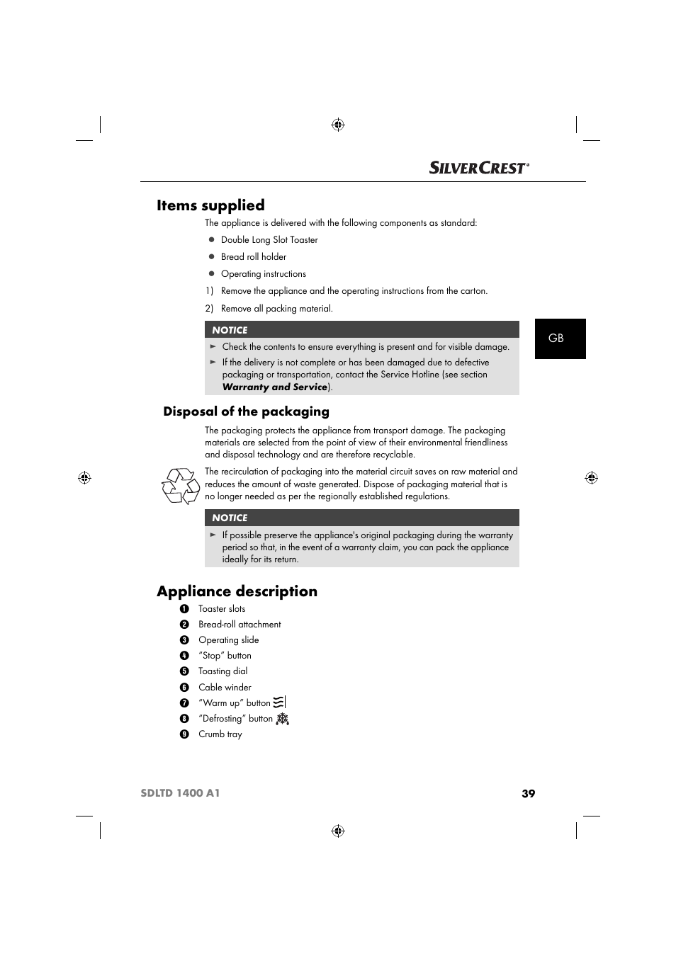 Items supplied, Appliance description, Disposal of the packaging | Silvercrest SDLTD 1400 A1 User Manual | Page 42 / 51