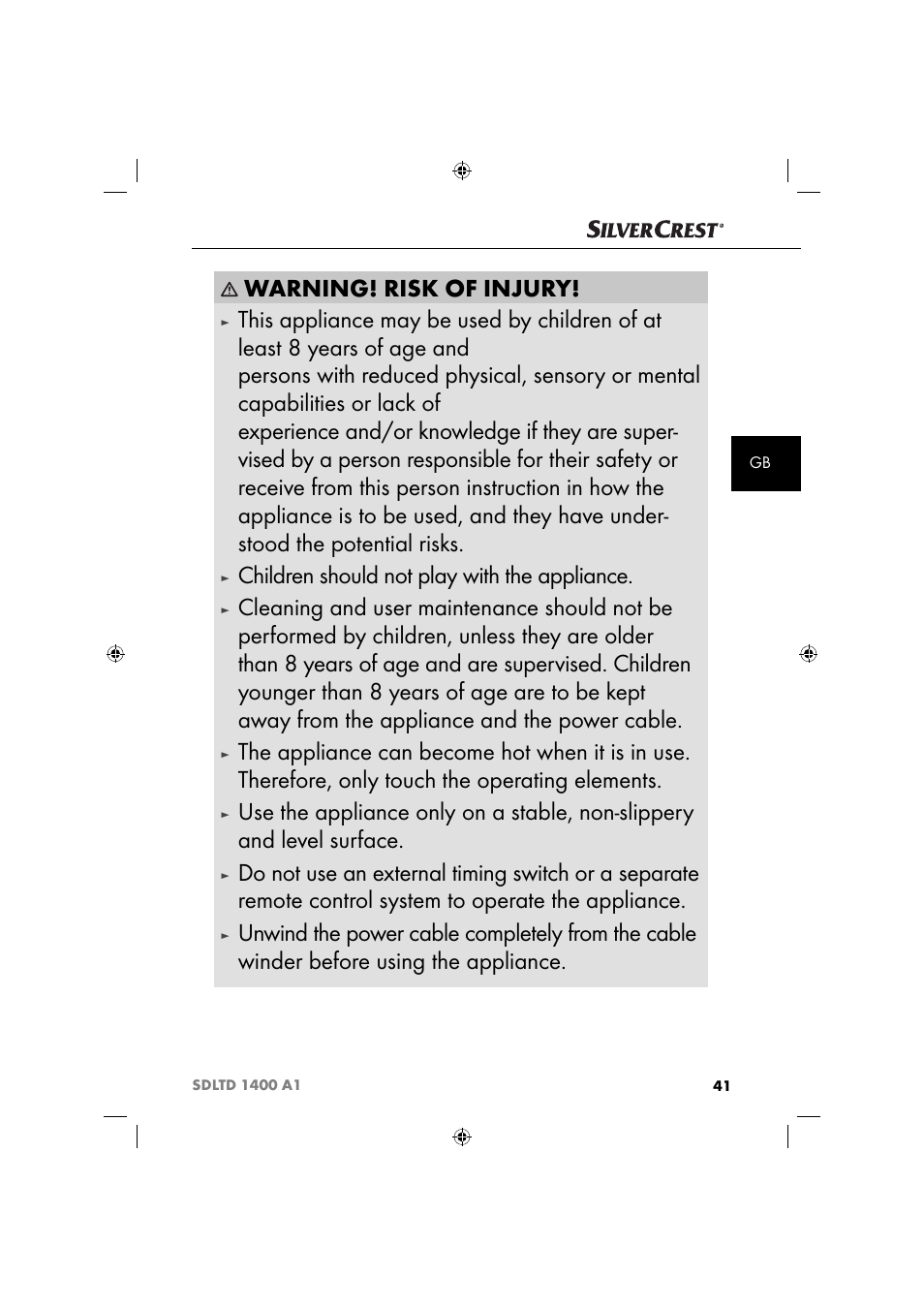 Warning! risk of injury, Children should not play with the appliance | Silvercrest SDLTD 1400 A1 User Manual | Page 44 / 51