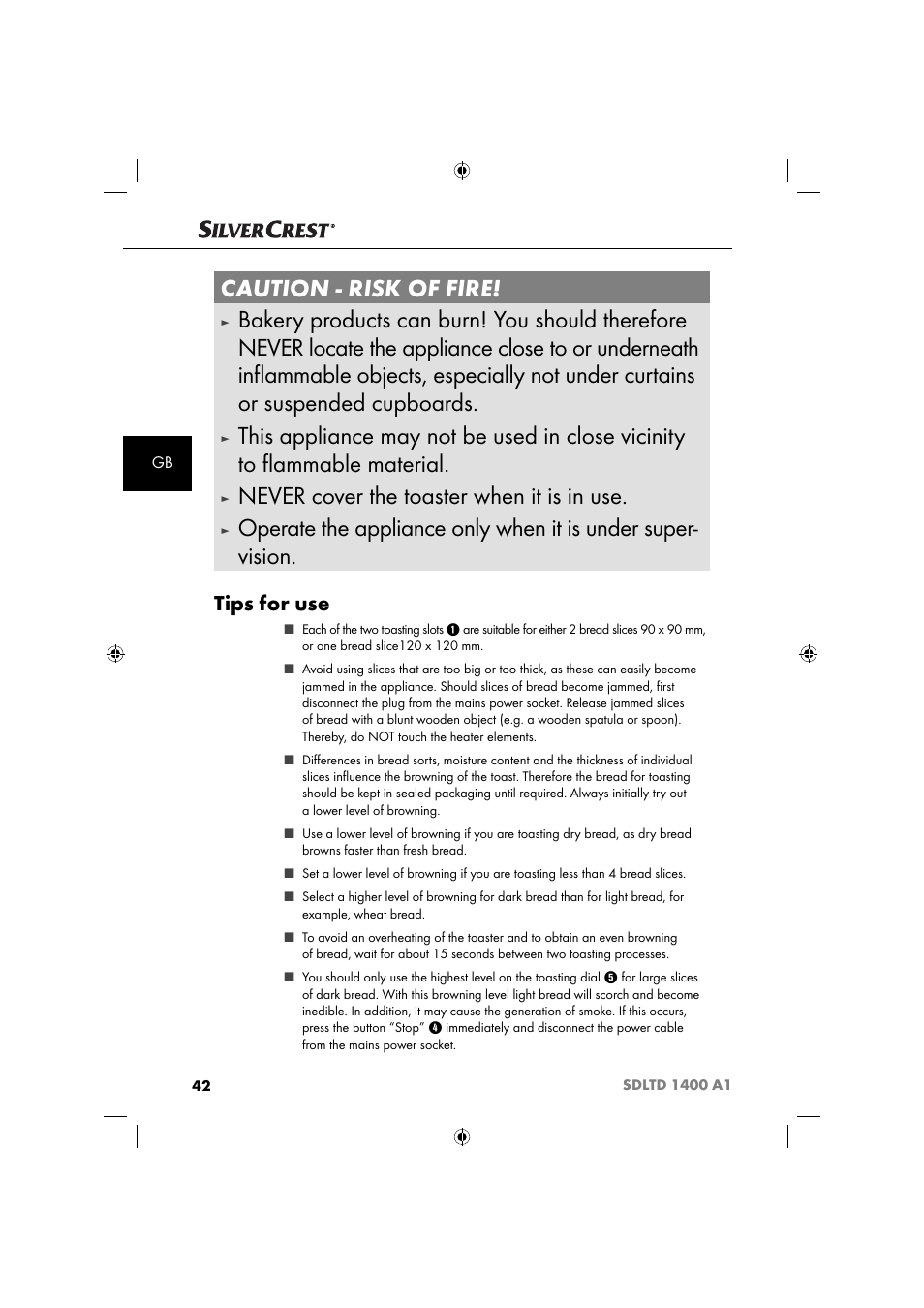 Caution - risk of fire, Never cover the toaster when it is in use, Tips for use | Silvercrest SDLTD 1400 A1 User Manual | Page 45 / 51