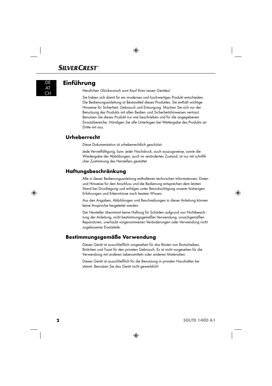 Einführung, Urheberrecht, Haftungsbeschränkung | Bestimmungsgemäße verwendung, De at ch | Silvercrest SDLTD 1400 A1 User Manual | Page 5 / 51