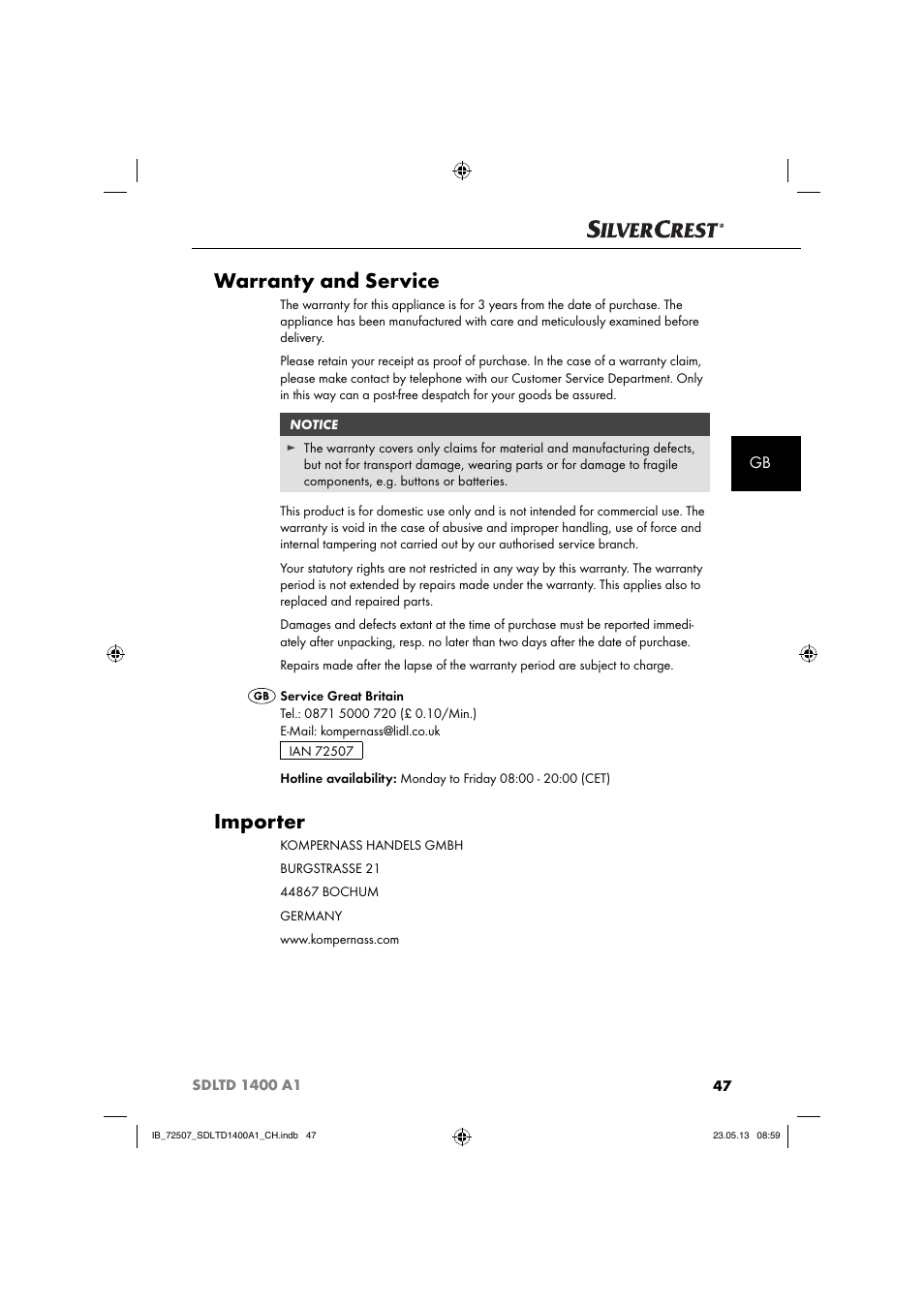 Warranty and service, Importer | Silvercrest SDLTD 1400 A1 User Manual | Page 50 / 51