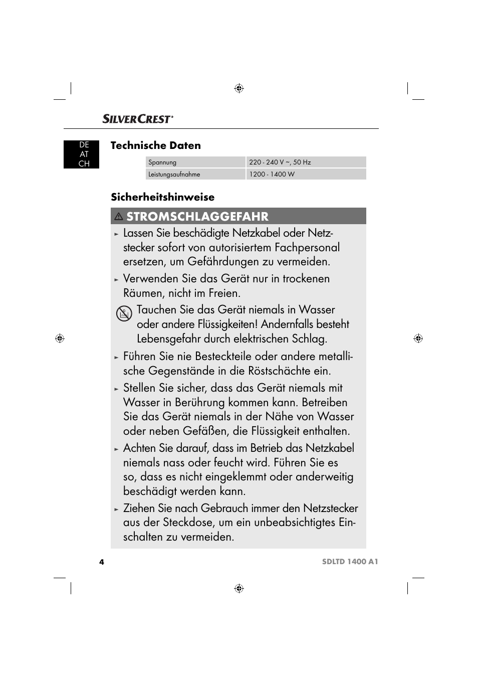 Stromschlaggefahr, Technische daten, Sicherheitshinweise | Silvercrest SDLTD 1400 A1 User Manual | Page 7 / 51