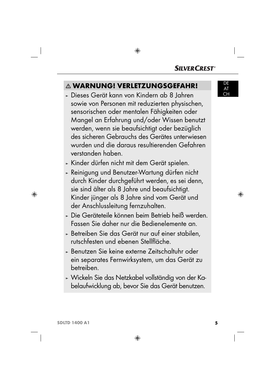 Warnung! verletzungsgefahr, Kinder dürfen nicht mit dem gerät spielen | Silvercrest SDLTD 1400 A1 User Manual | Page 8 / 51