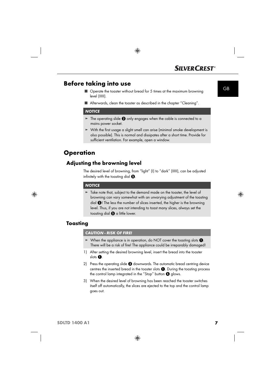 Before taking into use, Operation, Adjusting the browning level | Toasting | Silvercrest SDLTD 1400 A1 User Manual | Page 10 / 64