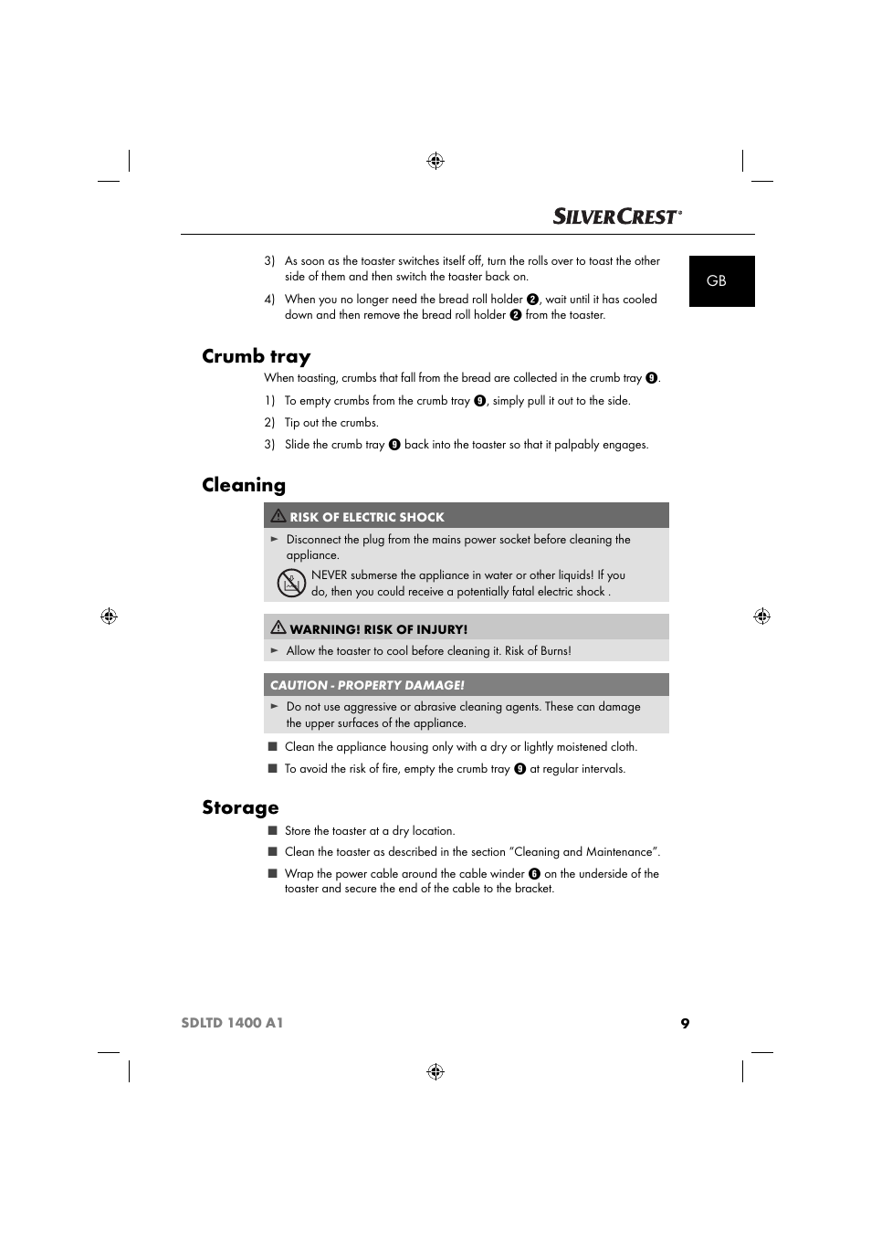 Crumb tray, Cleaning, Storage | Silvercrest SDLTD 1400 A1 User Manual | Page 12 / 64