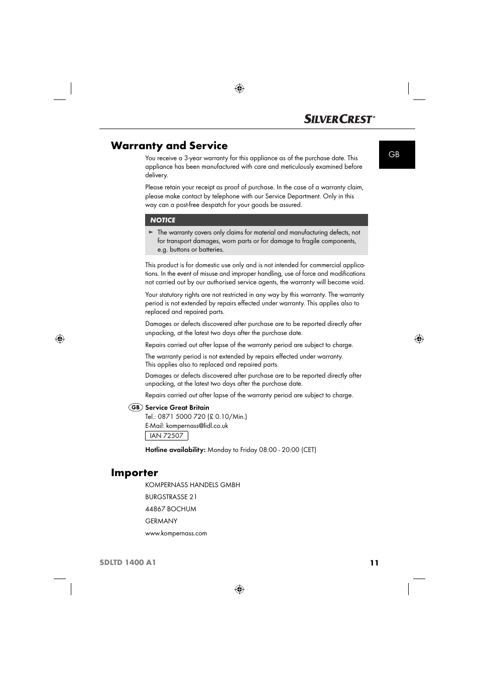 Warranty and service, Importer | Silvercrest SDLTD 1400 A1 User Manual | Page 14 / 64