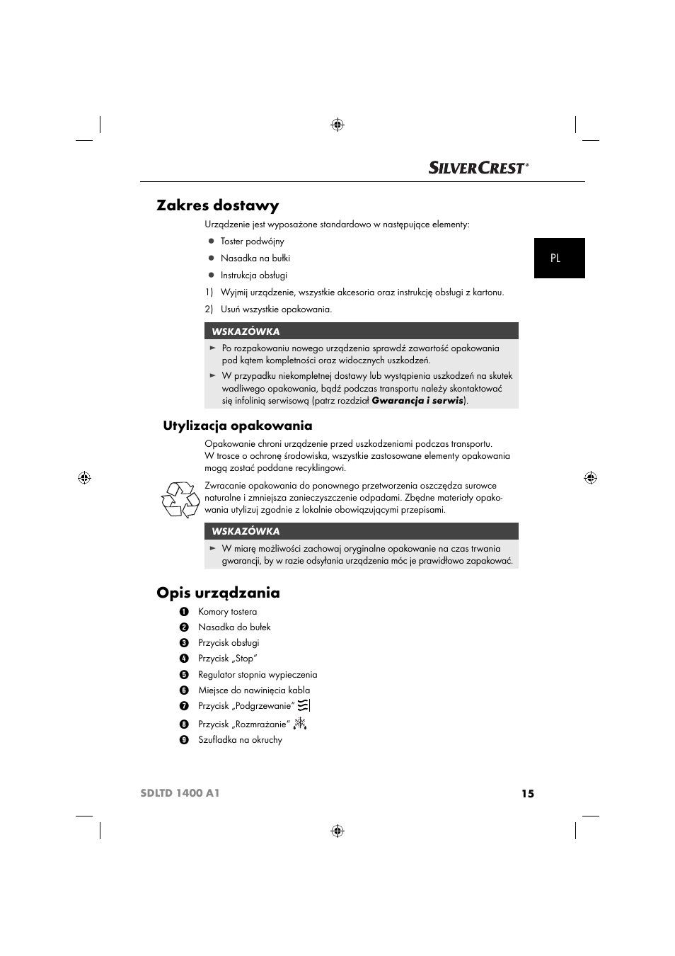 Zakres dostawy, Opis urządzania, Utylizacja opakowania | Silvercrest SDLTD 1400 A1 User Manual | Page 18 / 64
