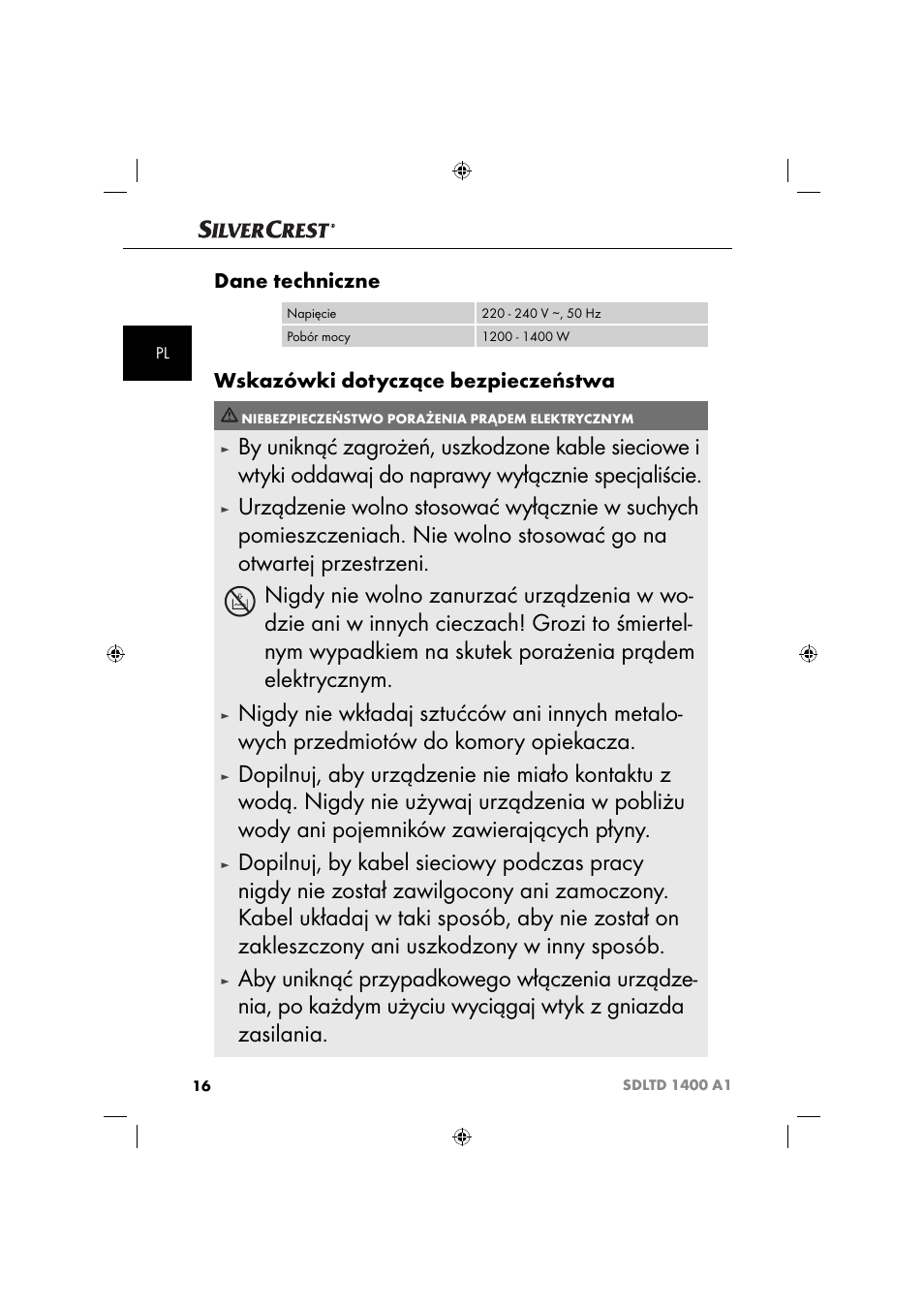 Dane techniczne, Wskazówki dotyczące bezpieczeństwa | Silvercrest SDLTD 1400 A1 User Manual | Page 19 / 64