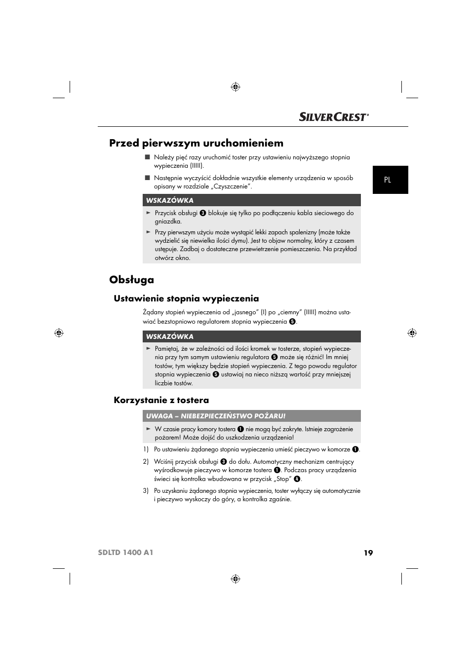 Przed pierwszym uruchomieniem, Obsługa, Ustawienie stopnia wypieczenia | Korzystanie z tostera | Silvercrest SDLTD 1400 A1 User Manual | Page 22 / 64