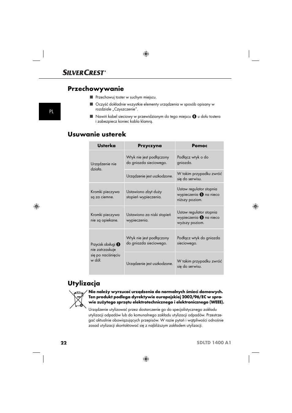 Przechowywanie, Usuwanie usterek, Utylizacja | Silvercrest SDLTD 1400 A1 User Manual | Page 25 / 64