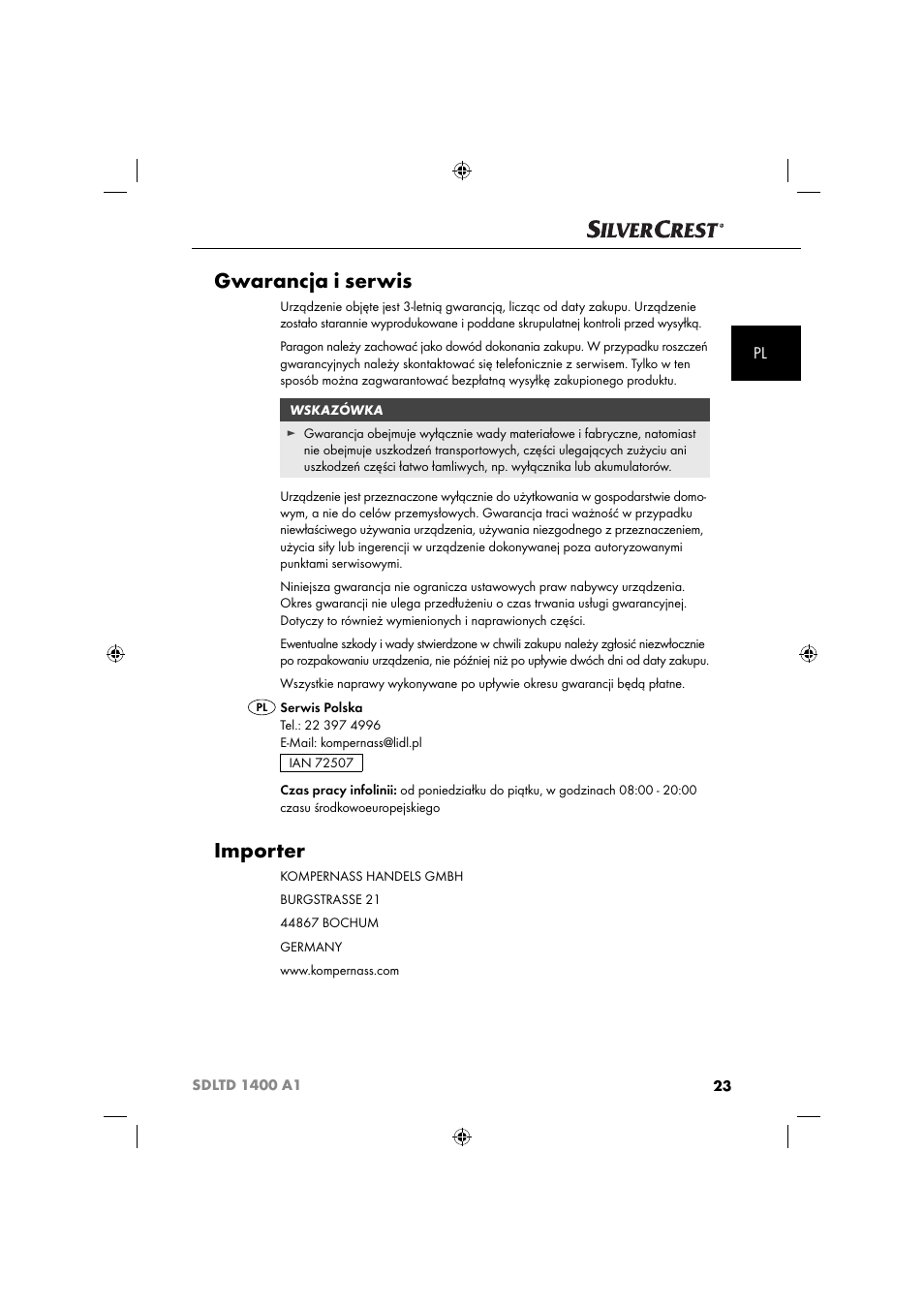 Gwarancja i serwis, Importer | Silvercrest SDLTD 1400 A1 User Manual | Page 26 / 64