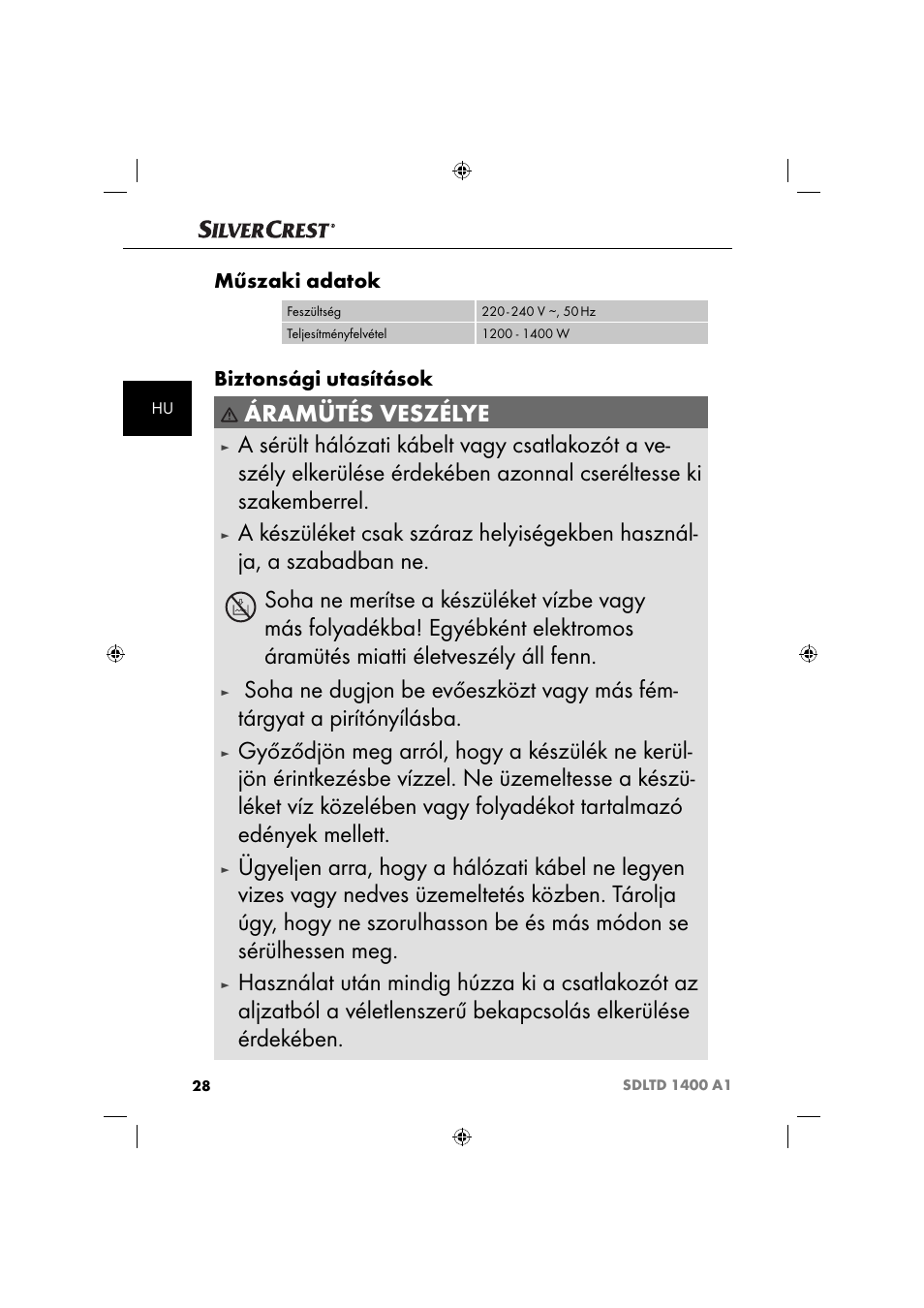 Áramütés veszélye, Műszaki adatok, Biztonsági utasítások | Silvercrest SDLTD 1400 A1 User Manual | Page 31 / 64